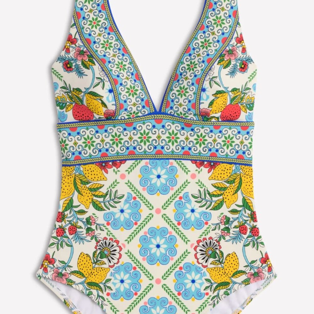 Boden Porto V-Neck Swimsuit Multi, Citrus Vine Tile 6L NWT